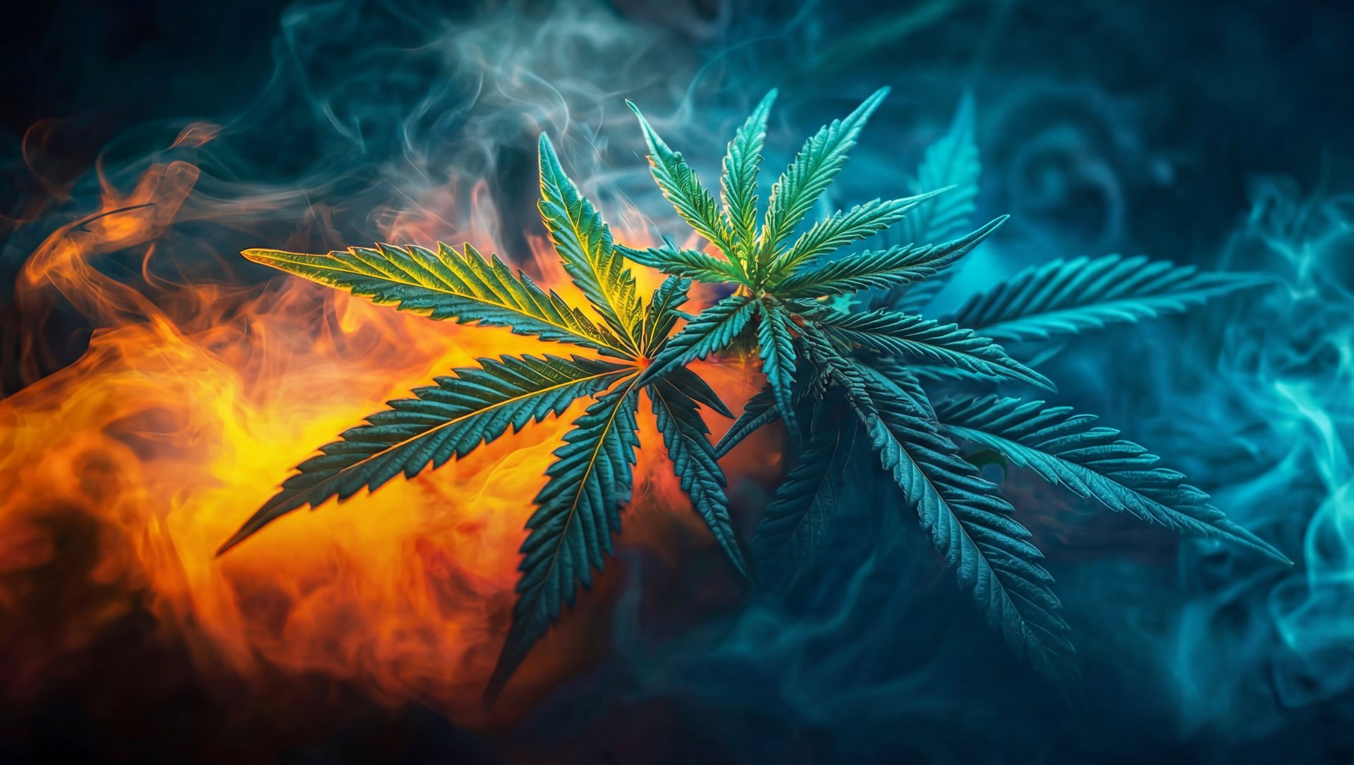 The mural artwork — ember-orange and glacial-blue smoke meeting around deep green cannabis leaves